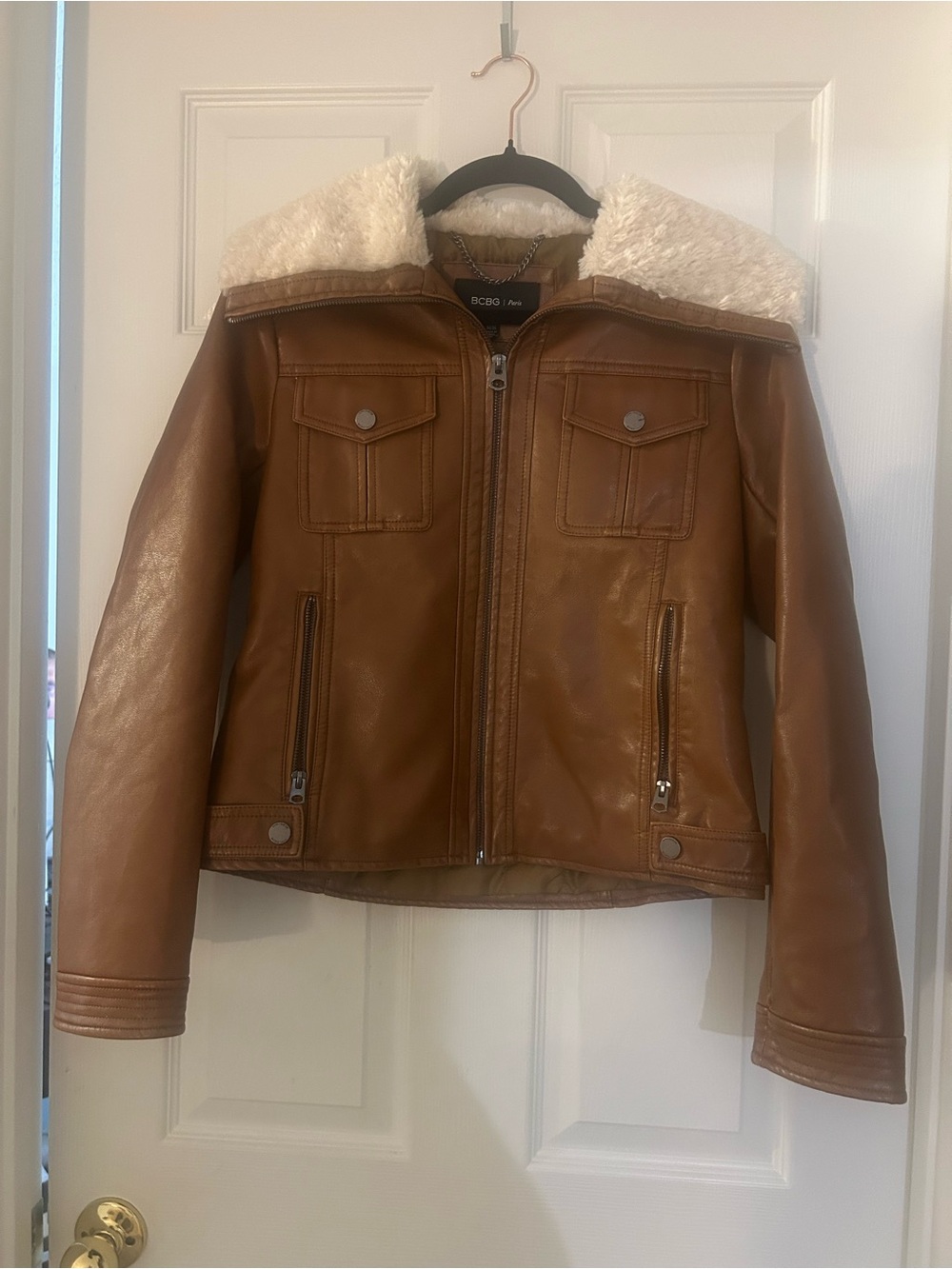 BCBG Tan Faux-Leather Moto Jacket with Cream Sherpa Collar - Picture 3 of 15